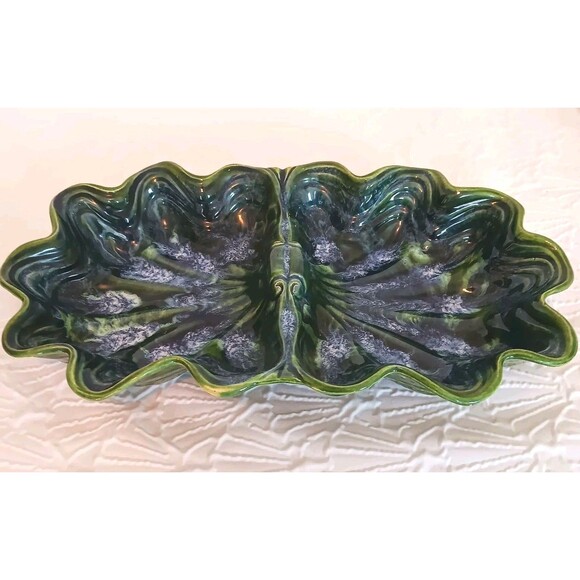 Vintage MCM  Cali Pottery Divided Leaf Dish CALIF. USA 30 Green Drip Glaze - Picture 2 of 13